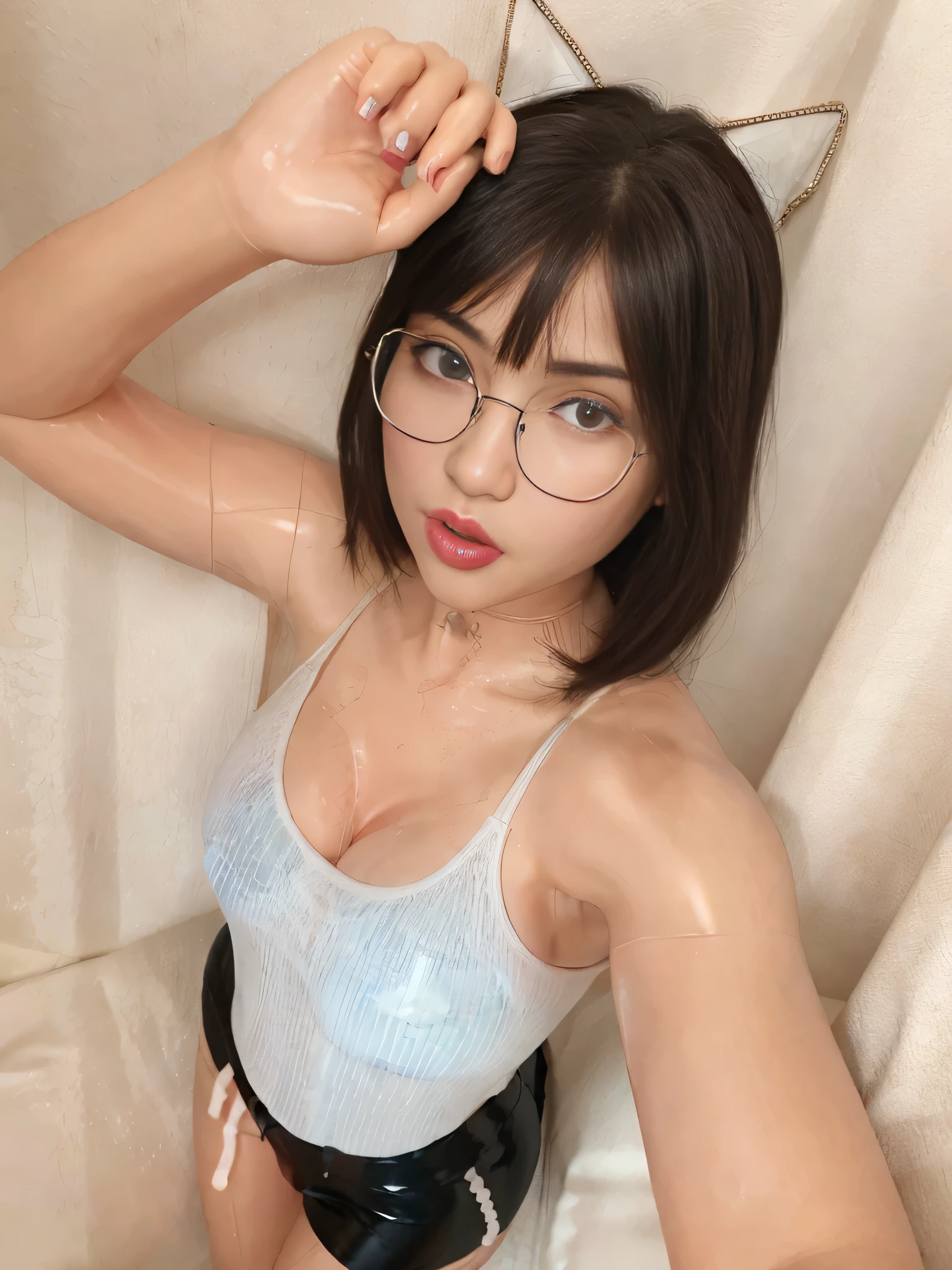 highest quality, RAW Photos, Realistic, face, Incredibly beautiful girl, cute, length Hair,ponytail,Glasses,Written boundary depth, High resolution, Super detailed, detailed, Very detaileded, extremely detaileded eye and face, Sharp pupils, Realistic students, Sharp focus, Cinema Lighting, Japanese, Short Woman, Physical build, Short arms, length, Narrow eyes, Fleeting atmosphere, 30 years old, Brown bob hair, ((thin lips)), White top and bottom underwear, masterpiece, highest quality, Detailed skin, Detailed face, fine grain, 8k, Excellent anatomy, Upper body portrait,flat breasts, small breasts, small,( small bust: 1.2), small bust, (slim, small, flat, small), thin, Delicate and sexy collarbone, One Girl, (beautiful girl, Delicate girl:1.3), (30 years old:1.3),highest quality, masterpiece, 超High resolution, (Realistic:1.4), Raw photo, One girl, Off the shoulder, Dark Inn, Deep Shadow, Modest, Cold Light, You can see the clouds of Terris, Tifa Lockhart, Pain from bondage々A funny expression, Tied up with rope, Big bunch, Hands tied, (((Legs gaping in bondage:1.3))), (((Underground torture chambers:1.3))),