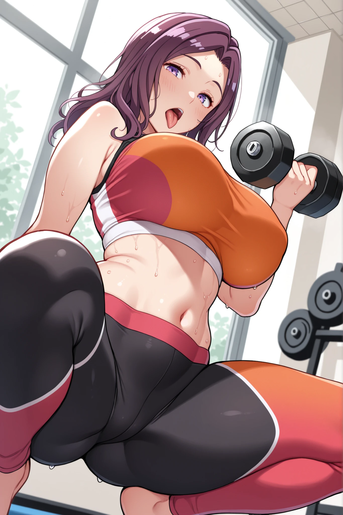 A kochou shinobu girl, demon slayer, Kimetsu no Yaiba, Shinobu Kochou, cabelo roxo, in a gym, doing exercises, squat with weights, squatting on a rubber dildo, with clothes, I was in the vagina, sitting on the dildo, confrontation, expression of effort