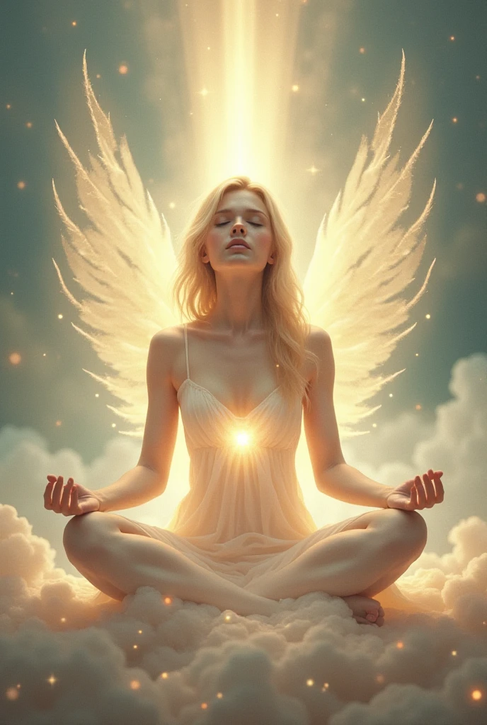 Woman meditating in lotus position channeling golden light with hands next to a protective angel, her spirit guide, golden background, light background, magical environment, glitter filled environment