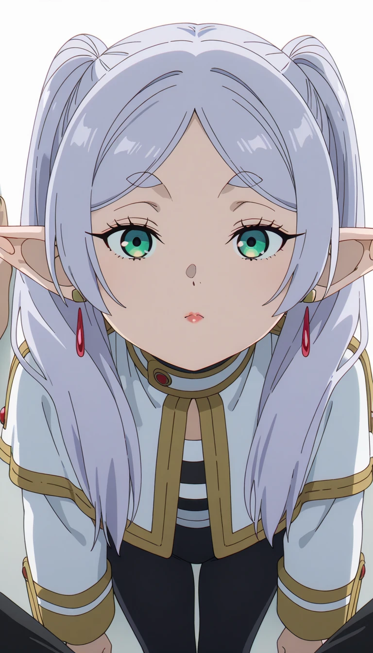 masterpiece, best quality, newest, absurdres, highres, detailed eyes, multicoloured eyes, blue eyes, beautiful, detailed background, anime coloring, anime screencap, 1girl, solo, frieren, elf, pointy ears, grey hair, long hair, twintails, earrings, silver hair, white hair, green eyes, white capelet, (black pants), (pants), yoga pants, simple background, white background, (POV, against the wall), detailed face, colored lips, red lips, closed mouth, (milf), incoming kiss