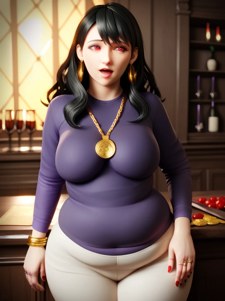 Raven, grey skin, masterpiece quality, lots of detail, realistic, studio lighting, in dining room, sitting on chair, lots of cane in background, lots of cake on table, short hair, sexy pose, wearing choker collar, wearing black crop top, wearing black denim, big breasts, (big breasts:1.3), chubby belly, (chubby belly:1.2), rubbing belly, holding belly, blushing, (blushing:1.3),