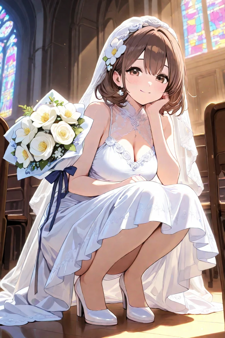 (1 solo girl), Nardack lora, inside the church infront of church pulpit, (housewife, girl, full body, depth of view, petite and short figure girl, cute and littl, perfect woman, medium cleavage, mature aura:1.5), (masterpiece, best quality, HD Pictures, 4K:1.1), 1girl, solo, outdoor, very long hair, bangs, gentle look, gentle smile, gentle eyes, mature looking, pinkish cheeks, very detailed eyes, very detailed pupils, very detailed black hair, detailed face, detailed ruby red eyes, full body, look up to viewer, detailed long black hair, (happy gentle face, warm smile, wearing wedding dress, voluminous wedding skirt, transparent wedding veil, floral head accessories, ponytail, blushing red cheeks:1.3), (smiling infront of viewer:1.2)