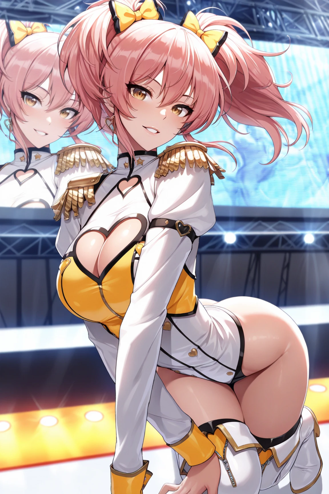22 years old, (milf:0.8), (solo:1.5), (sfw:1.25), cute breast, beautiful breasts, medium tits, thin waist, big ass:1.0, Raised sexy, (beret, black jacket, open clothes, cleavage, midriff, black shorts, black thighhighs, thigh strap, fingerless gloves, single glove:1.2), blue eyes, light smile, big , Revimpling fabric, earrings, Hand gloves, detailed face,(smoking:1.3),long hair,side ponytail,hair between eyes,bangs,detailed and beautiful eyes,beautiful detailed lips,Rolling her eyes,manner,hair over one eye, (ultra high resolution, 8K RAW photo, photo realistics, thin outline:1.3, clear focus), best qualtiy, natural lighting, textile shading, blurry back ground, field depth, (Bright pupils, fine detailed beautiful eyes with highlight:1.3, high detailed face), Red lip, fine realistic skins:1.1, looking down viewers:1.3, (dynamic angle:1.3, front view:1.1, breast focus:1.3, from below:1.2), (dynamic posing:1.5, sexy posing:1.2),Youghal, side lock, hair ornaments, hair band,nice,garden background,artistic rendering,Super detailed,(highest quality,4k,8K,High resolution,masterpiece:1.2),Bright colors,studio lighting