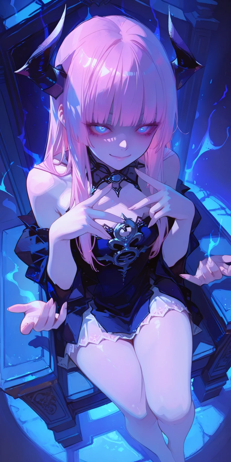 1girl, beautiful girl,pink hair, blue eyes, hime cut hair style, demon queen,Sitting on the throne, smile ,dress,horror, blue light aura,(zoom face:1.0),(view from Above:1.5 ),(perfect hands:1.0),(five finger On the thigh :1.0),(masterpiece:1.3),(Small slender fingers:1.0),(aesthetic lighting:1.3)
