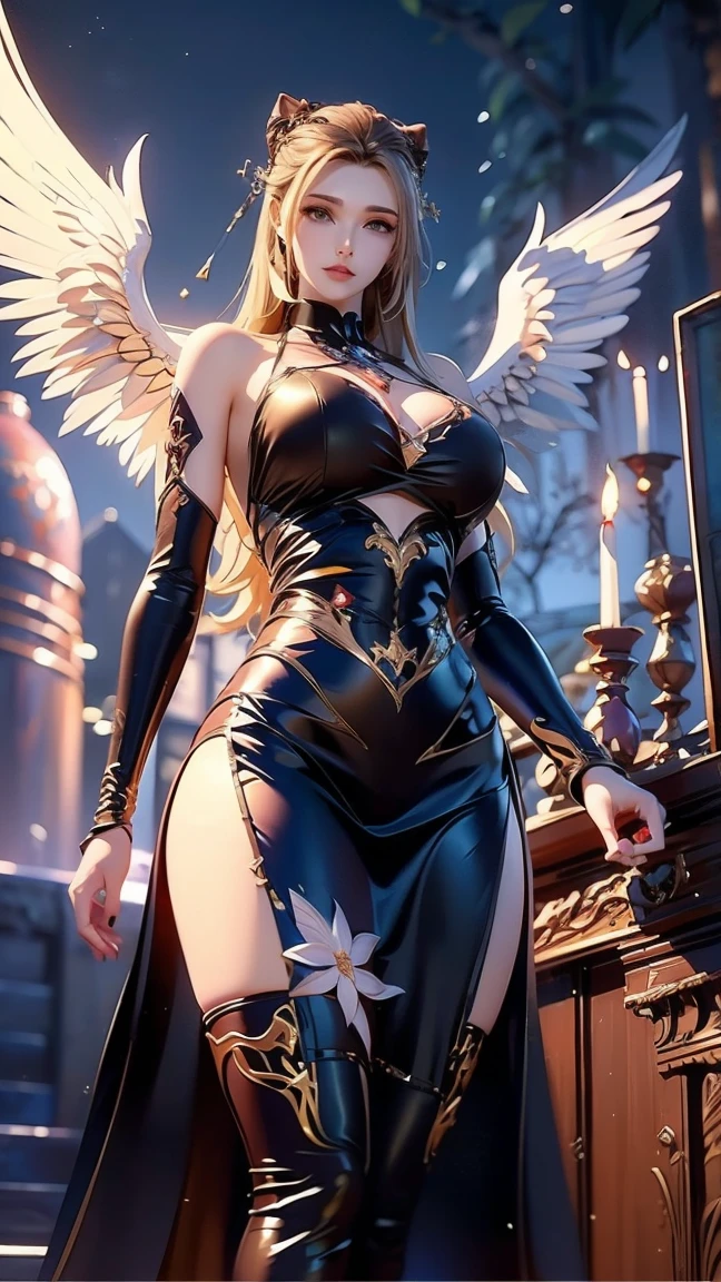 masterpiece, realistic, hyperrealistic, best quality, ultimecia, horns, red dress, plunging neckline, feather trim, black wings, facial marks, claws, full body, smirk