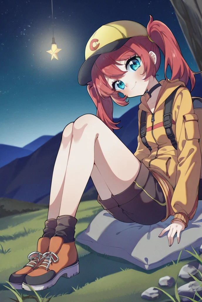 masterpiece, best quality, ultra-detailed, illustration, 1girl, solo, outdoors, camping, night, mountains, nature, stars, moon, tent, twin ponytails, green eyes, cheerful, happy, backpack, sleeping bag, camping stove, water bottle, mountain boots, gloves, sweater, hat, flashlight, forest, rocks, river, wood, smoke, shadows, contrast, clear sky, constellations, Milky Way, peaceful, serene, quiet, tranquil, remote, secluded, adventurous, exploration, escape, independence, survival, resourcefulness, challenge, perseverance, stamina, endurance, observation, intuition, adaptability, creativity, imagination, artistry, inspiration, beauty, awe, wonder, gratitude, appreciation, relaxation, enjoyment, rejuvenation, mindfulness, awareness, connection, harmony, balance, texture, detail, realism, depth, perspective, composition, color, light, shadow, reflection, refraction, tone, contrast, foreground, middle ground, background, naturalistic, figurative, representational, impressionistic, expressionistic, abstract, innovative, experimental, unique