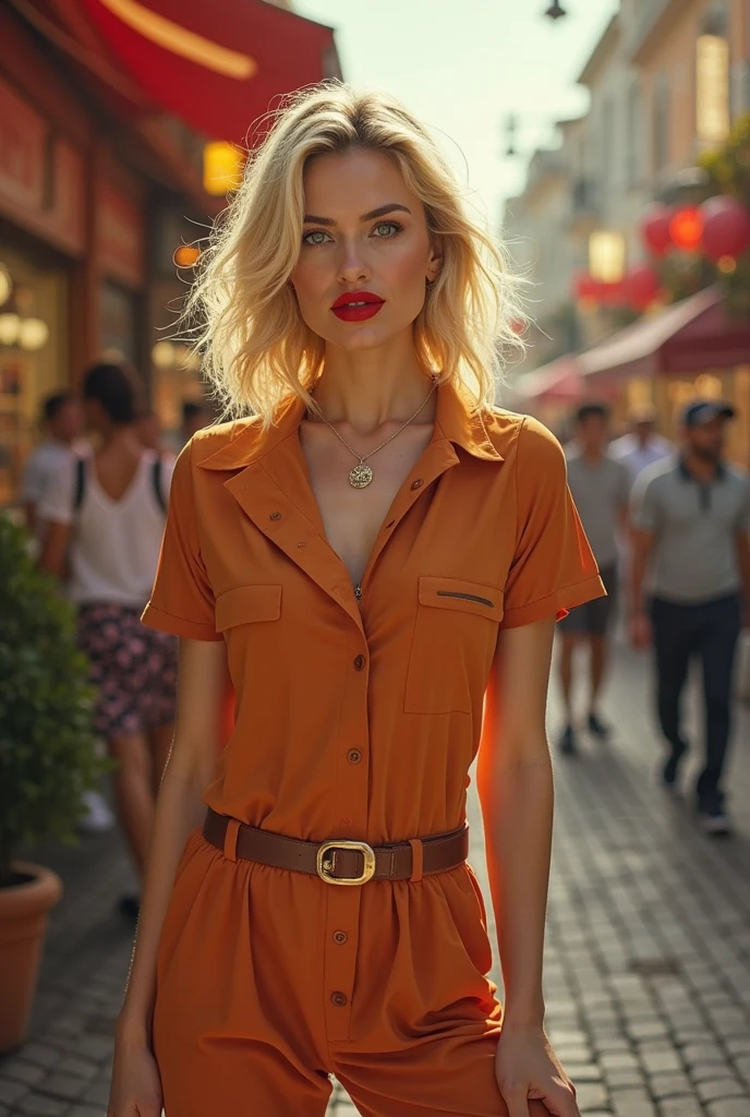 A woman with long, flowing blonde hair, wearing green-tinted round sunglasses. She is dressed in a teal and crimson overall with a plunging neckline, revealing a portion of her chest. The overall has a front pocket on the left side and a button on the front. The woman stands confidently with her right hand on her hip and her left foot slightly raised. The background is vivid color