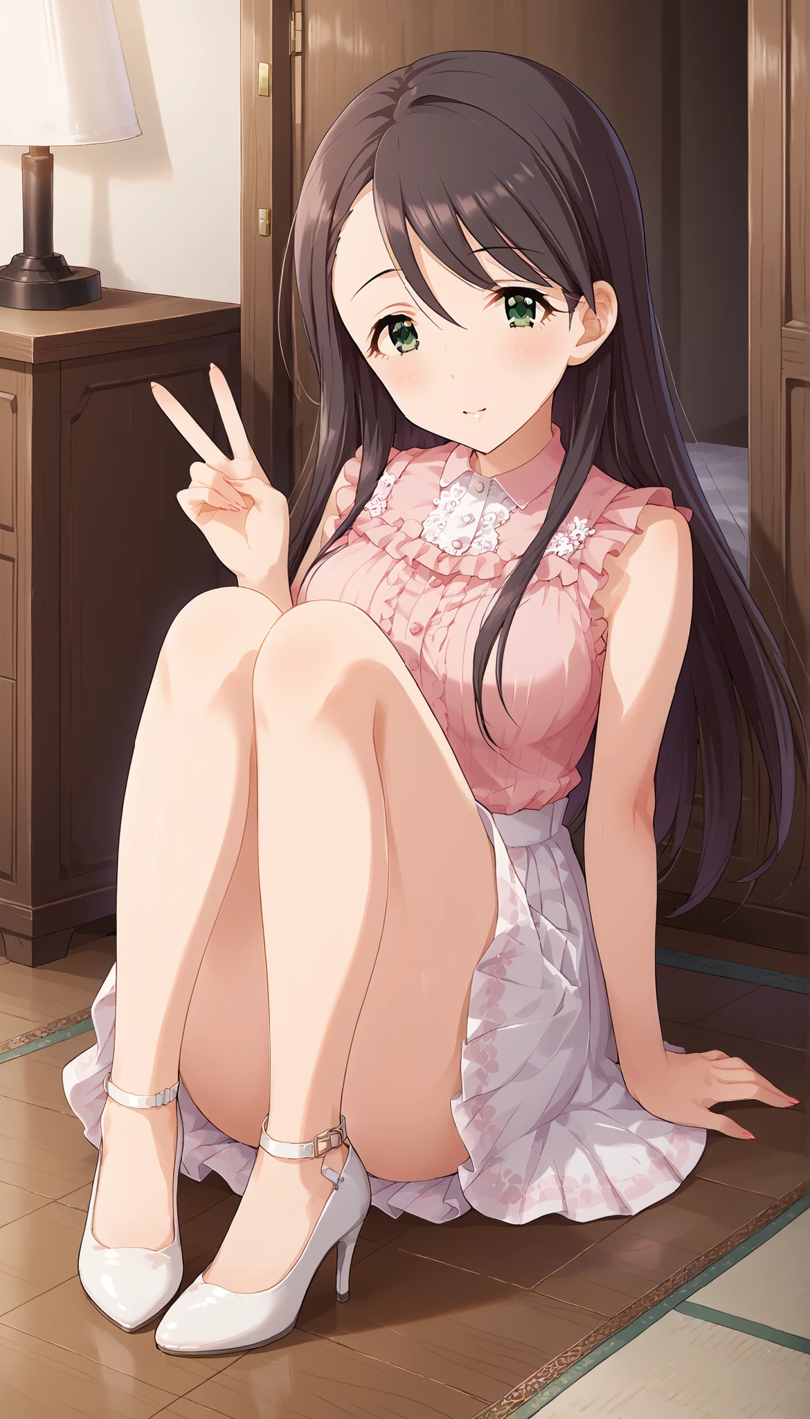 (((Nishikawa Honami ))),Pink Sleeveless Knitwear,white skirt,indoor,((shot from the front)),medium breasts,thigh,Sitting on the floor holding your knees,床に座る,long hair,Ulchan-6500-v1.1, ( RAW photos :1.2), Beautiful Detailed, very detailedな目 美しい目,beautiful eyes,GREEN EYES ,file size is large, high resolution, very detailed, top quality, [masterpiece:1.6], Awareness-raising, very detailed, CG, finely, top quality, 8K wallpaper, perfect body shape,very detailed,Bare legs,white high heels