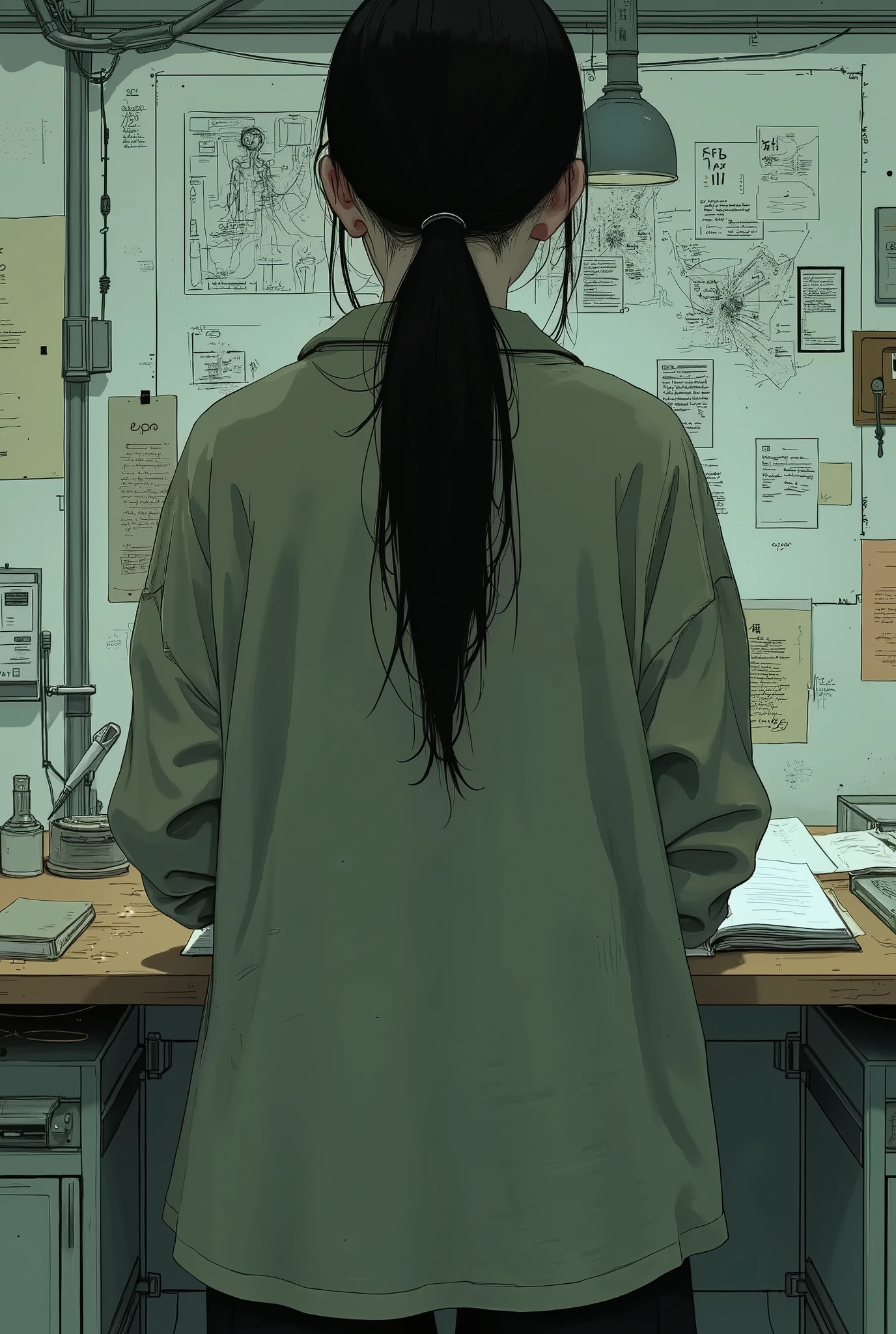 Long dark hair with a ponytail, Loose olive green shirt, no visible accessories drawn with, Standing, turning back from camera, Focused on writing , Indoor with walls covered with sketches and diagrams, bright overhead light, Academic and intellectual vibe, high angle view, Clear focus without motion blur, Illustration Style.