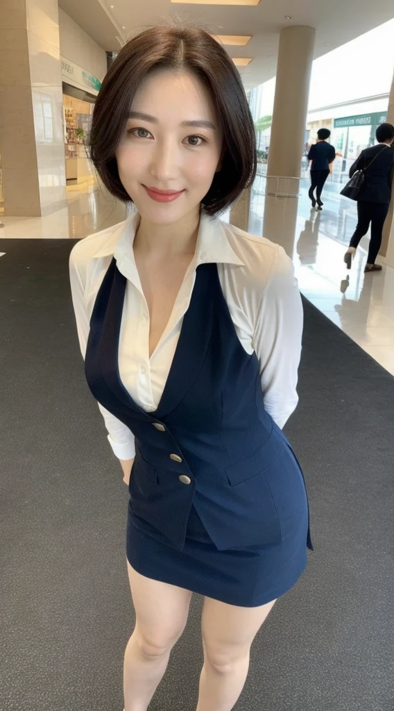 最high quality, In 8K, Masseter region, Vibrant, Sharp focus, high quality, High resolution, Detailed face, fine grain, Thick lips, (Looking at the audience), alone, Beautiful woman, 38 years old, Japanese women, （Short black hair:1.4）、（Bob Hair:1.4）, Cleavage, Lunch break、Cutting-edge company headquarterodern building lobby、Large reception counter、（sitting behind the counter:1.3）、（Upper body photo:1）、（Japanese women）、（Mitsubishi Bank uniform:1.8）, （wearing a dark 青 vest over a white blouse:1.5）, The vest has three gold buttons, （Red, blue and white ribbon around his neck:1.6）、（Knee-length dark blue skirt）、（Black pumps:1.5）、（Red lipstick:1）、（smile:1.3）、（standard body type）、（D cup breasts）