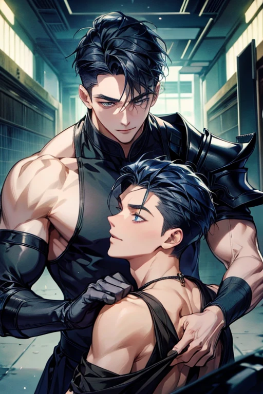 ((masutepiece)), ((Best Quality)), ((Brown skin)), ((dark blue eyes)), ((Dark blue hair))、Handsome man , ((super very short hair)), masculine、Tall、A sexy、Adult man、Sanpaku eyes、suits、handsome man、Kowamote、firmly、well-muscled、broad shoulders、Condescending smile、