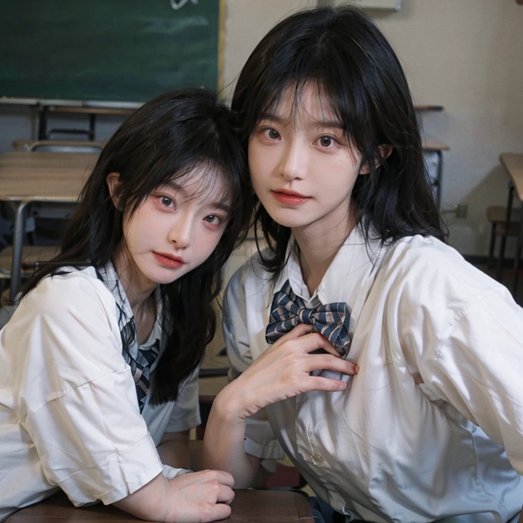 yearbook photo of a Korean girl leaving school with short hair, id style