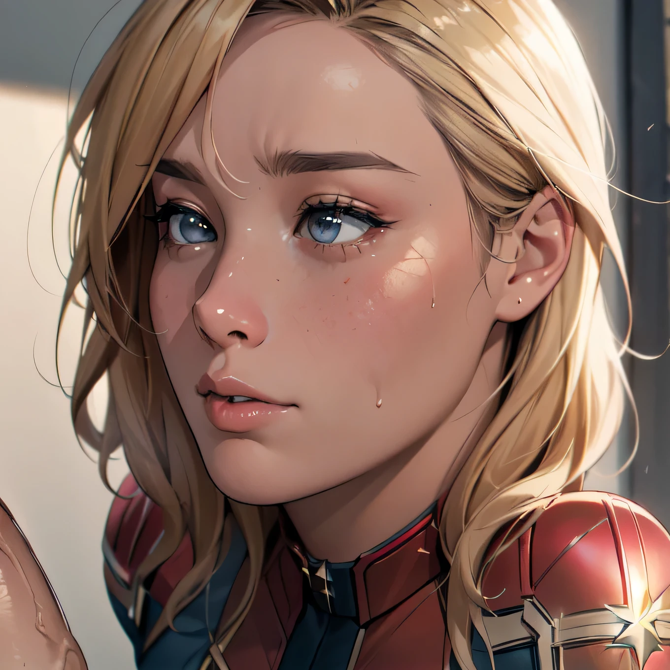 (masterpiece:1.3), (8k, realistic, RAW photo, top quality: 1.4), absurd, charm, super high resolution , super real, very well detailed, golden ratio, (realistic), (best shadows), low contrast, (complicated:1.4), Side Lighting, 8k, beautiful face, (realistic Face), Beautiful Hairstyle, realistic eyes, beautiful details, (realistic Skin), beautiful skin, (one girl at the Expo), ((Brie Larson, Captain Marvel)), (()), (accurate depiction of a hand and finger kneeling on a rock), (blonde long hair:1.3), (half closed eyes), (moist eyes), (half-open mouth above the chin), (surprised expression:1.1), (flashing), (sweat), NSFW (is staring at the penis), BREAK ((1. Juvenile, 1realistic penis:1.2)), BREAK side view, BREAK heart symbol, heart symbol, heart symbol