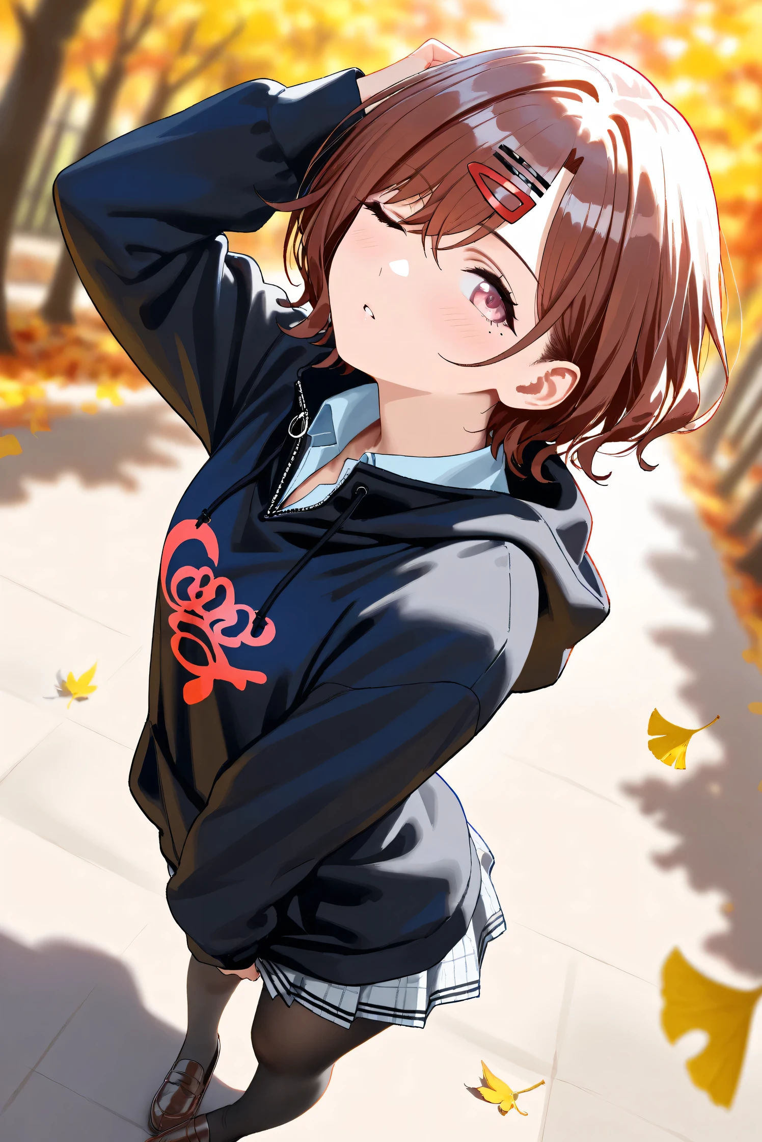 (Masterpiece), (Highest quality), (Very detailed), 
(The best shape), (Best Shadow), (Absurd), 
(Detailed background), (So beautiful), Shiny , 
Extraordinary, Countershading, 8k, 32K, High resolution, Beautiful eyes in every detail,
Very Detailed CG, UHD,

Score_9, Score_8_up, Score_7_up, Source_anime, 
(Pastel painting:1.2), (Watercolor painting:1.2),
(Masterpiece, Detailed:1.2), (Foreshortening:1.3),

Cinematic, Dramatic, (Depth of field:1.4),
(Blurry background:1.4), (Realistic background:1.4),
(Foreshortening:1.3),Dynamic angle, 1 girl,
Outdoor, autumn, Ginkgo, (autumn leaves:1.2),
(from high:1.1), (High angle:1.2), (wide angle:1.3),

Higuchi Madoka,
The idolmaster shiny colors,

(school uniform:1.3),
hoodie, black hoodie, long sleeves hoodie,
Shirt collar,
Mini skirt, Light blue shirt, 
pantyhose, black pantyhose,
loafers,

(Blush:1.3), Expressionless, parted lips,
putting hair in one ear, arched back,
looking up, one eye closed, looking at viewer,
Realistic skin, Shiny skin,