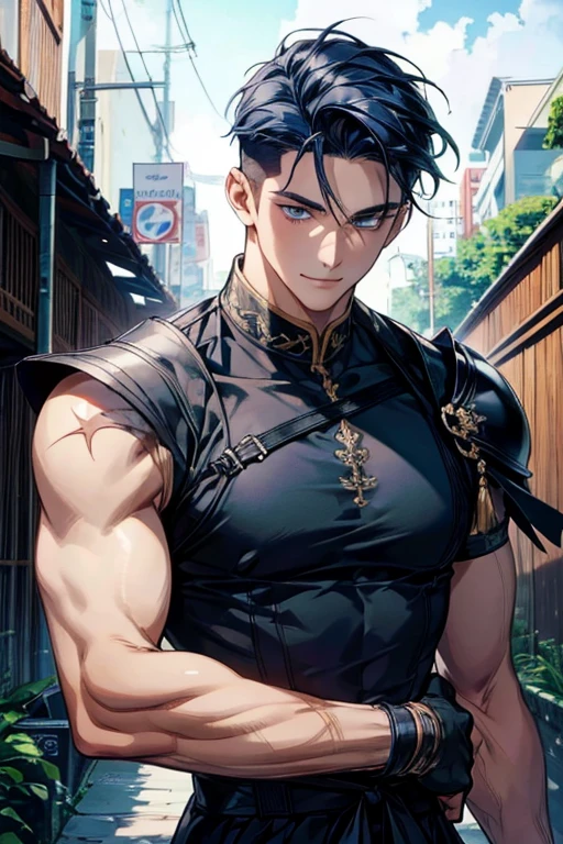 anime, male, muscular, tattoos, two black horns protruding from hair, golden eyes, bangs, beautiful, handsome japanese demon, detailed digital anime art, short black hair in the undercut style, male anime character, inspired by tite kubo, mid 20s, masterpiece, light pencil strokes, broad shoulders, sharp black nails, black tank top and sweatpants, modern day clothing, pointed ears, serious face