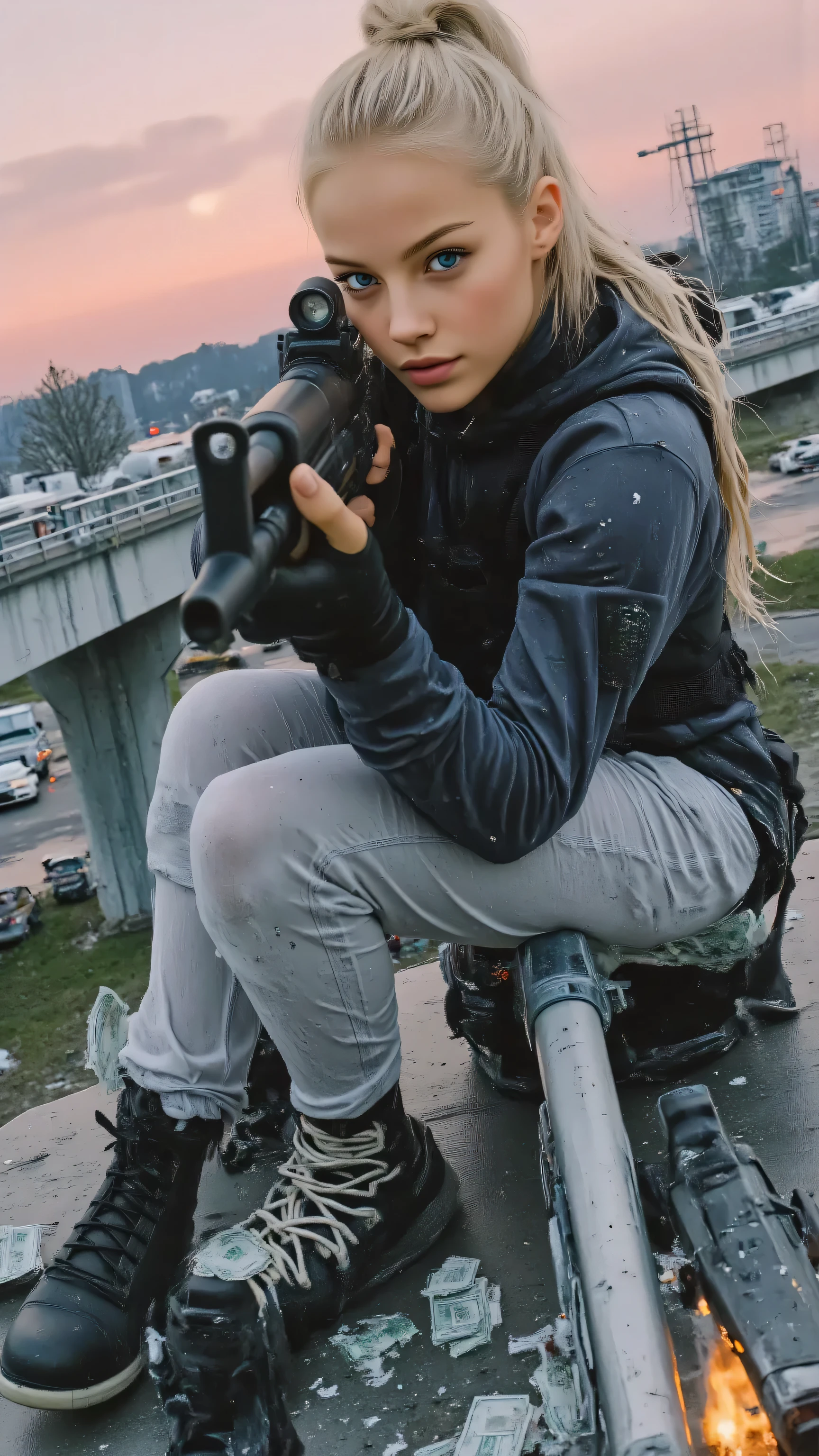 A rebellious female gang member, early 20s, with a determined glare, perched on a bullet-scarred highway overpass at dawn, aiming a sniper rifle with deadly focus. Her hoodie is torn, revealing gang tattoos, and her boots rest on a pile of stolen money. Below, four gang members orchestrate an ambush: one plants explosives on a rival’s truck, one sprays graffiti on the concrete pillars, one fires a machine gun, and another drags a wounded ally to cover. Crashed cars burn, and bullet holes mark the overpass, with a hazy pink sky above. The scene screams GTA gang war, ultra-realistic, dynamic atmosphere, intricate details.