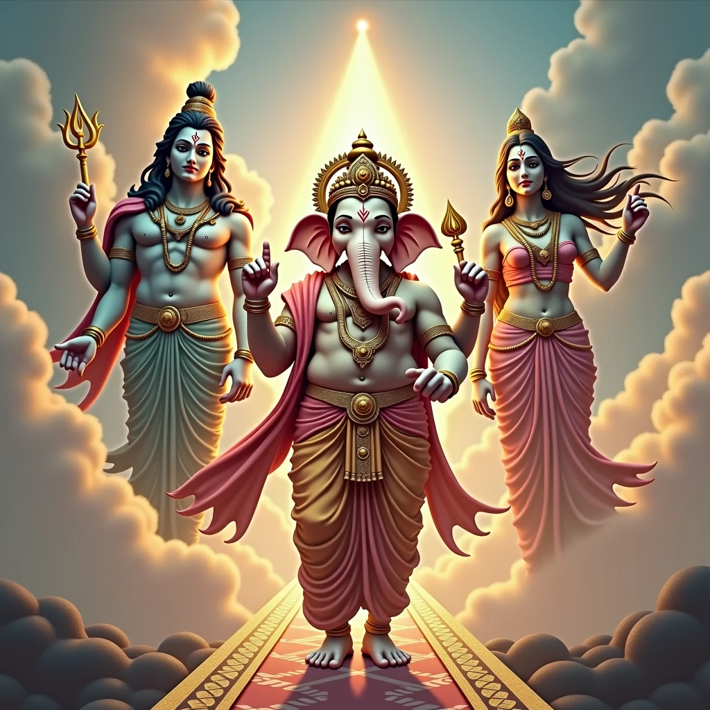 インドのgodガネーシャ、Shiva、Vishnu、Brahma Parvathilakshmi、fantasy art dark sky、high quality、god々Shii、
High resolution, 最high quality