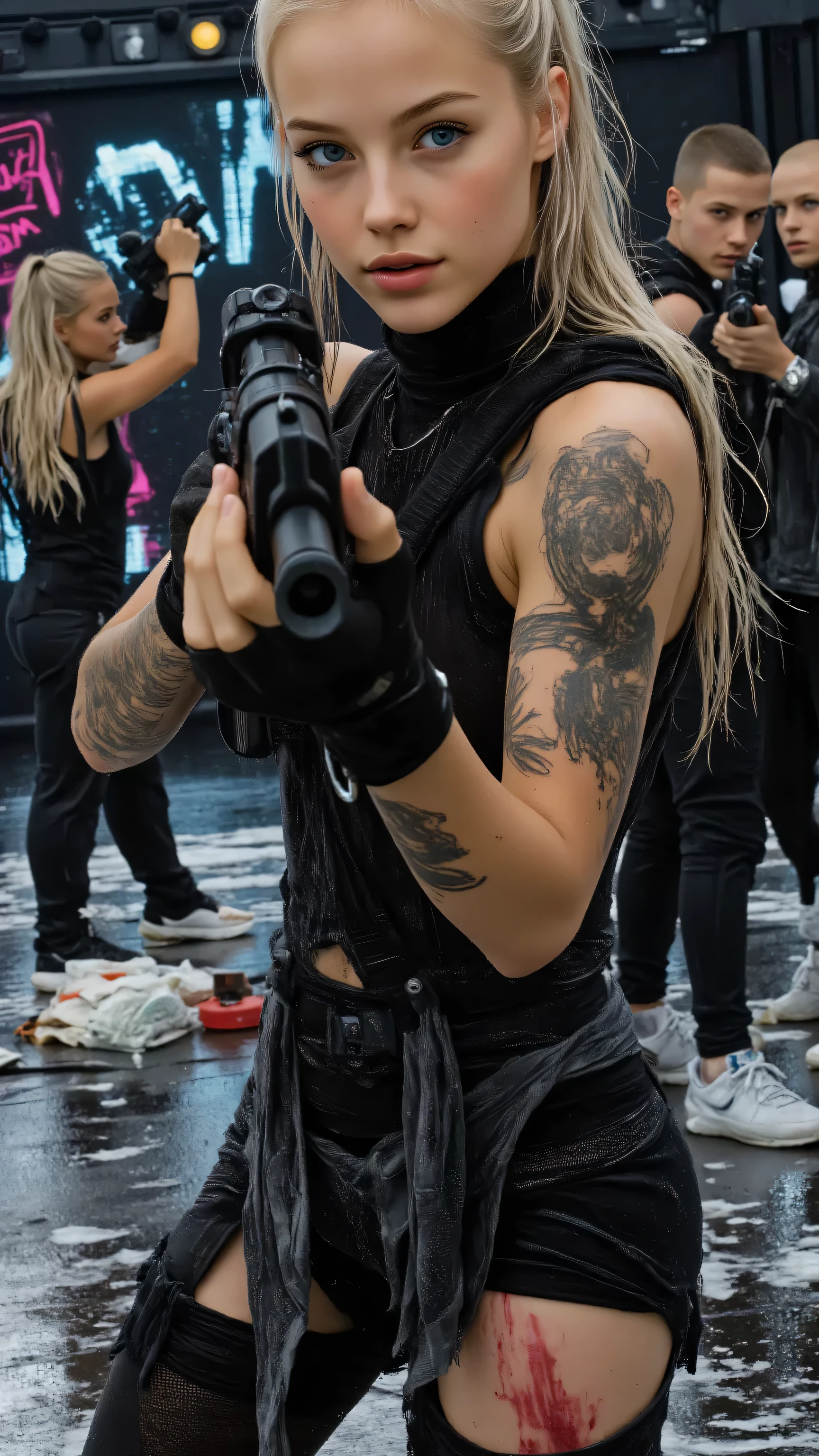 A charismatic female gang enforcer, mid-20s, with a fierce expression, standing in the center of a dimly lit underground Los Santos club, dual-wielding pistols with confidence. Her ripped outfit is stained with paint and blood, and her stance is unyielding. In the background, six gang members fuel the chaos: two grapple in a fistfight, one smashes a bottle, one tags the walls with glowing graffiti, and two reload weapons behind a flipped table. Stacks of cash and bullet casings litter the floor, with strobe lights casting wild shadows. This GTA-style mayhem is hyper-detailed, with vibrant neon tones and cinematic intensity.