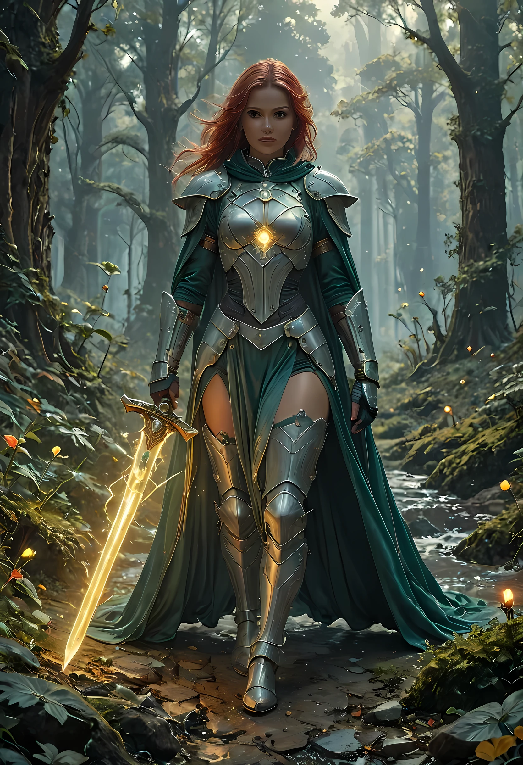 a portrait of female human paladin of nature protecting the forest, wearying heavy armor, divine armor, white armor, small cleavage,  flowing cloak, long cloak, green cloak, armed with a sword, glowing sword, wearing a glowing holy symbol, a woman, divine knight, full body, perfect body, ultra detailed face, ultra feminine, pale skin, red hair, long hair, blue eyes, body, intense eyes, fantasy forest background, D&D art, RPG art, magical atmosphere magic-fantasy-forest, ultra best realistic, best details, best quality, 16k, [ultra detailed], masterpiece, best quality, (extremely detailed), ultra wide shot, photorealism, depth of field, hyper realistic painting, fantasy art, realistic art,((best quality)), ((masterpiece)), (detailed), perfect face, Cinematic Shot, Fantasy background, d4f4b, ArmoredDress