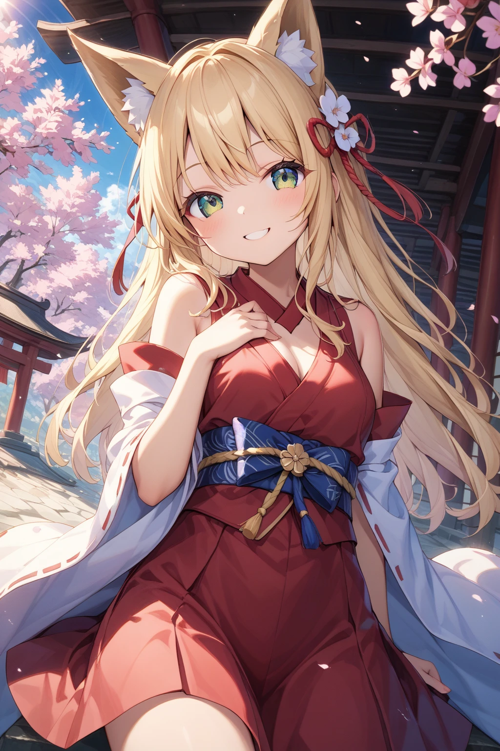 cherry_blossoms, falling_petals, petals, branch, pink_flower, 1girl,20-year-old, blue_sky, spring_\(season\), petals_on_liquid, flower, hanami, dress, (Long curly blonde hair：1.5), Wear a garland, sky,exteriors，​​clouds，By bangs，ssmile，a pink eyes，White dress embellished with cherry blossoms，exposed bare shoulders，耳Nipple Ring，delicate leg，Long gray hair，best quailty。Perfect image quality。holding_flower，the wind，The tree，looking_at_viewer，cowboy shot，Detail Enhancement。