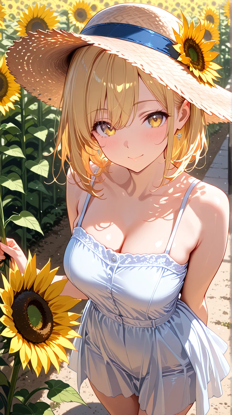1girl, adult woman, (Naked: 1.4), (Blushing:1.4), (Loose string dress with no pleats, floral print, cleavage, naked), blushed, Smile, Cowboy Shot, Slim body, Small breast, small boobs, Full Body, glowing skin, detailed face, detailed eyes, (Detailed background: sunflowers farm, summer time)