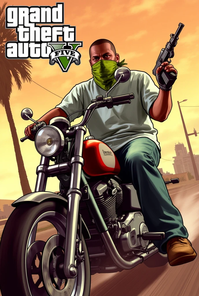 Grand Theft Auto V poster, "Grand Theft Auto V" title logo, a black man from the Grove Street gang family wearing a green bandana to cover his mouth, he rides on a bike while holding a gun, gun shot, Los Santos street setting, wall graffiti, cel shader rendering, toon shader rendering, (masterpiece, best quality:1.2),