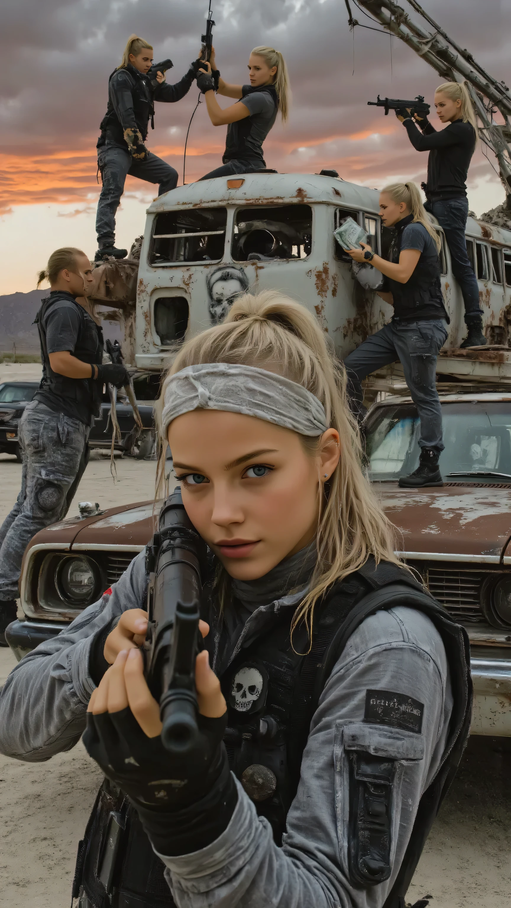 A cunning female outlaw, early 30s, with intense eyes, crouched behind a rusted car in a sprawling desert junkyard at dusk, clutching a shotgun, ready to strike. Her bandana is splattered with dust, and her jacket bears gang patches. Behind her, five gang members are scattered among towering piles of scrap: two fire at unseen enemies, one spray-paints a skull on a wrecked bus, one counts stolen cash, and another climbs a crane for a vantage point. Bullet holes and graffiti cover the metal, with a blood-orange sky above. The scene captures GTA’s gritty gang warfare, ultra-detailed, textured realism, moody lighting.