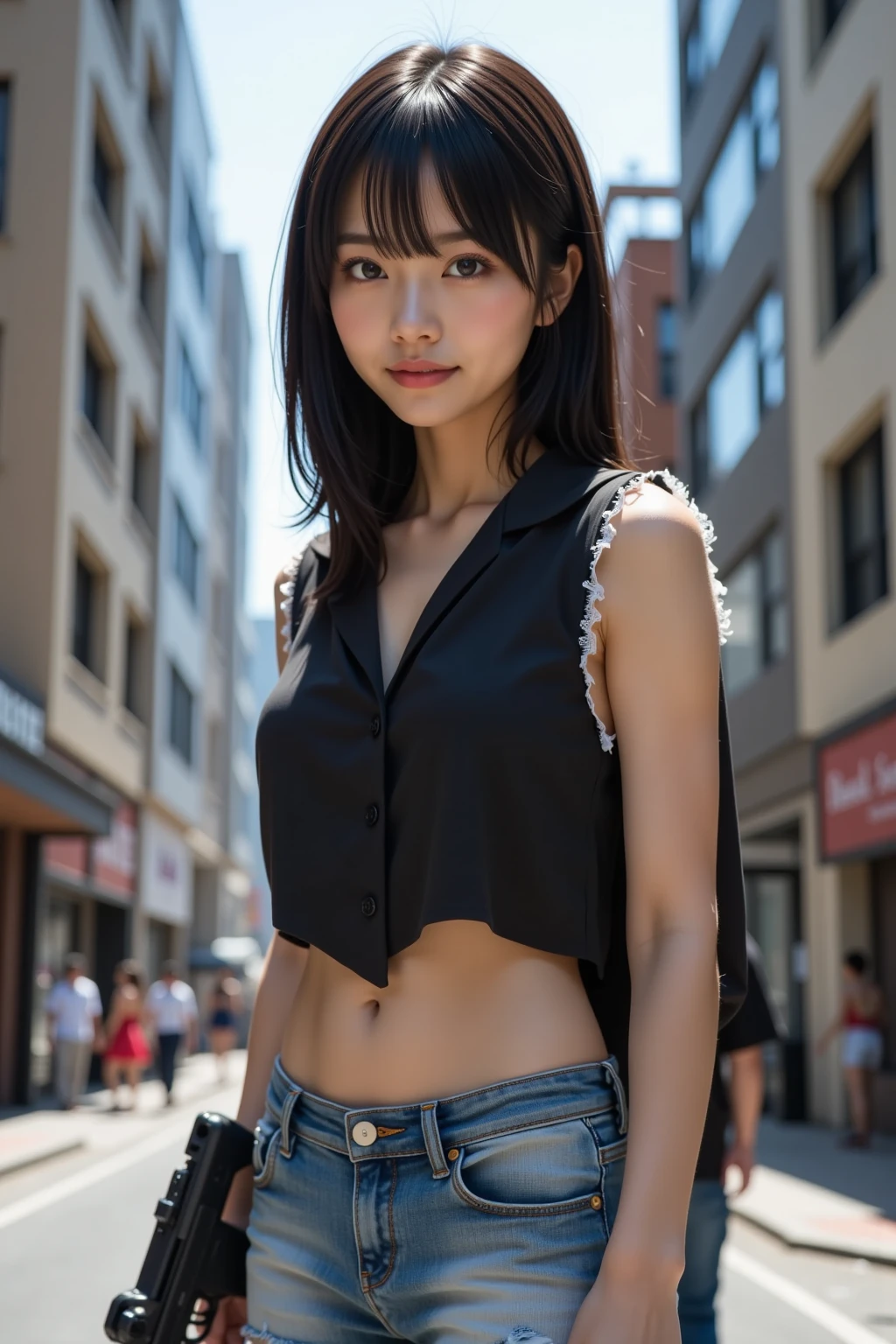 best quality, photorealistic, 8k, high res, 1girl, woman, (skindentation), (portrait:0.6), gorgeous, ((neon light, time square, cityscapebackground:1.65)), ((denimpants with pinksweater:1.75)), straight-looking at viewer:1.8, (1girl eyes looking at viewer, short-length straighthair, black hair, partedhair:1.75), photorealistic, (bokeh), (smile:1.2), (closed mouth:0.56), gorgeous, pureerosface_v1, <lora:GRAV-hazuki:0.65>