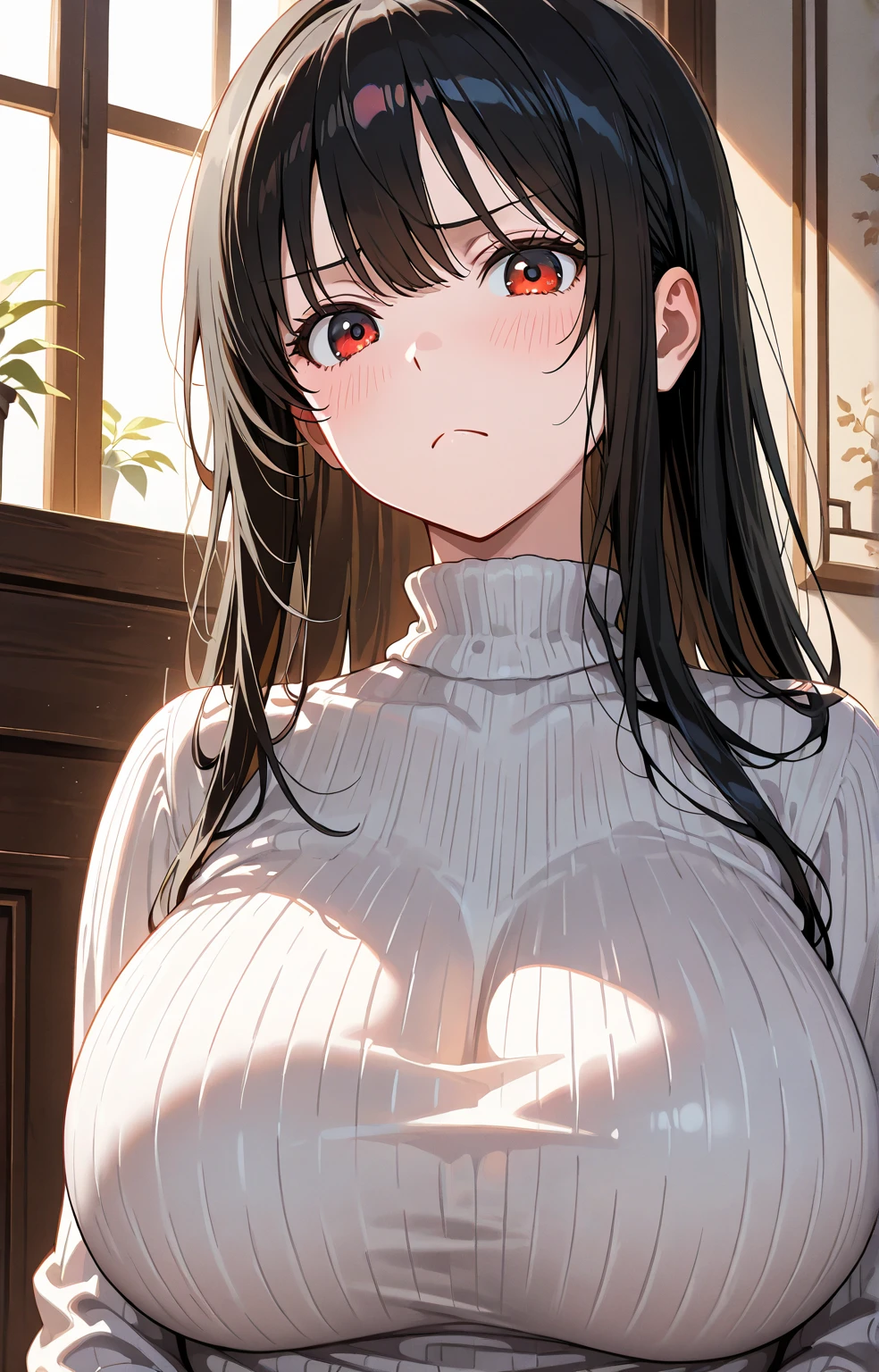Highest quality, (masterpiece:1.2), 
alone,Open your mouth、 smile,A 40-year-old Japanese woman with black hair、Mother、((part your bangs in the middle、Long Hair))、(Huge breasts)、Long chest
(White Long Sleeve Turtleneck Sweater、Vertical sweater knit、Black over camisole dress:1.2)
Are standing, Watching the audience,The whole body is visible、from the front