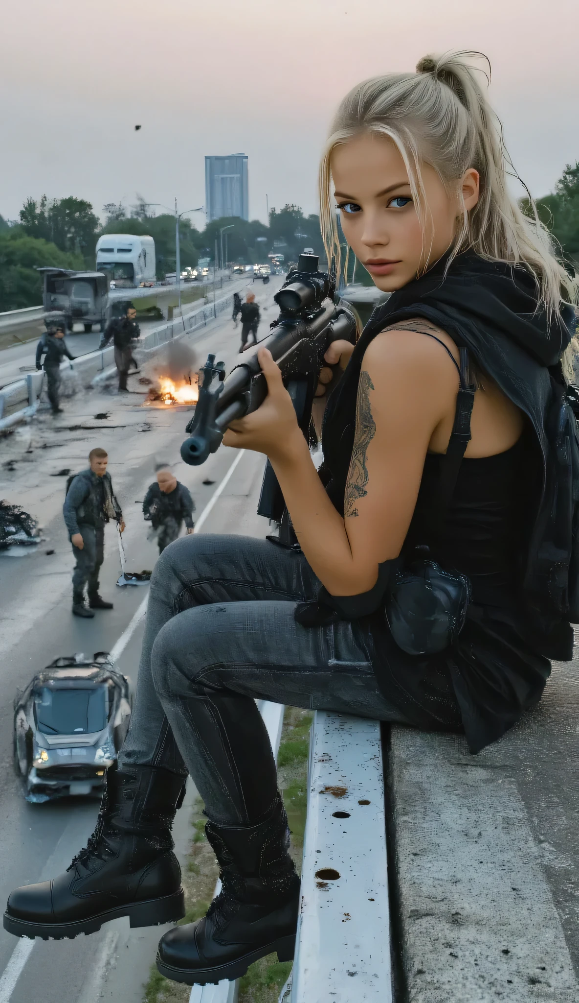 A rebellious female gang member, early 20s, with a determined glare, perched on a bullet-scarred highway overpass at dawn, aiming a sniper rifle with deadly focus. Her hoodie is torn, revealing gang tattoos, and her boots rest on a pile of stolen money. Below, four gang members orchestrate an ambush: one plants explosives on a rival’s truck, one sprays graffiti on the concrete pillars, one fires a machine gun, and another drags a wounded ally to cover. Crashed cars burn, and bullet holes mark the overpass, with a hazy pink sky above. The scene screams GTA gang war, ultra-realistic, dynamic atmosphere, intricate details.