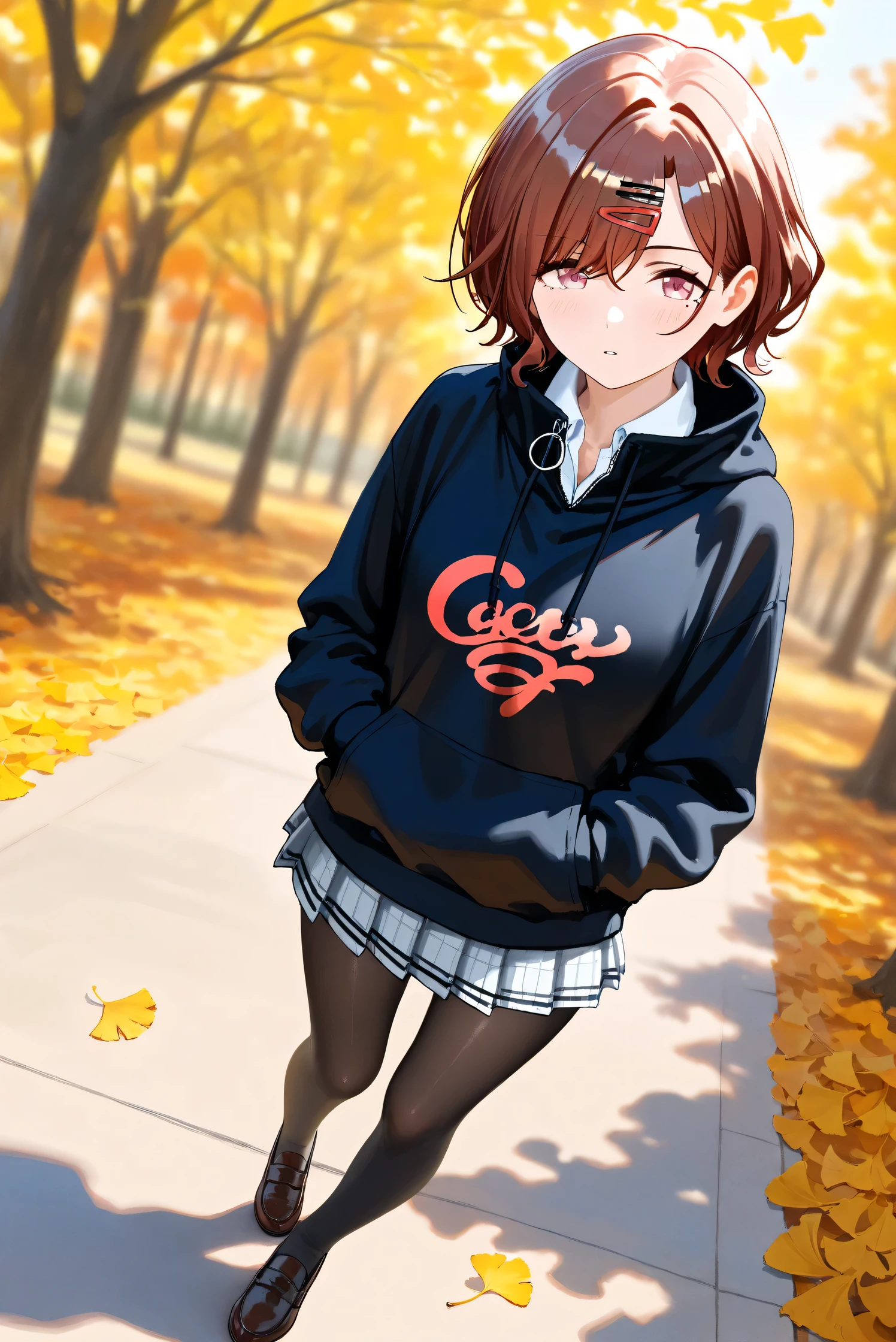 (Masterpiece), (Highest quality), (Very detailed), 
(The best shape), (Best Shadow), (Absurd), 
(Detailed background), (So beautiful), Shiny , 
Extraordinary, Countershading, 8k, 32K, High resolution, Beautiful eyes in every detail,
Very Detailed CG, UHD,

Score_9, Score_8_up, Score_7_up, Source_anime, 
(Pastel painting:1.2), (Watercolor painting:1.2),
(Masterpiece, Detailed:1.2), (Foreshortening:1.3),

Cinematic, Dramatic, (Depth of field:1.4),
(Blurry background:1.4), (Realistic background:1.4),
(Foreshortening:1.3),Dynamic angle, 1 girl,
Outdoor, autumn, Ginkgo, (autumn leaves:1.2),

Higuchi Madoka,
The idolmaster shiny colors,

(school uniform:1.3),
hoodie, black hoodie, long sleeves hoodie,
Shirt collar,
Mini skirt, Light blue shirt, 
pantyhose, black pantyhose,
loafers,

(Blush:1.3), Expressionless, parted lips,
looking at viewer,
Realistic skin, Shiny skin,