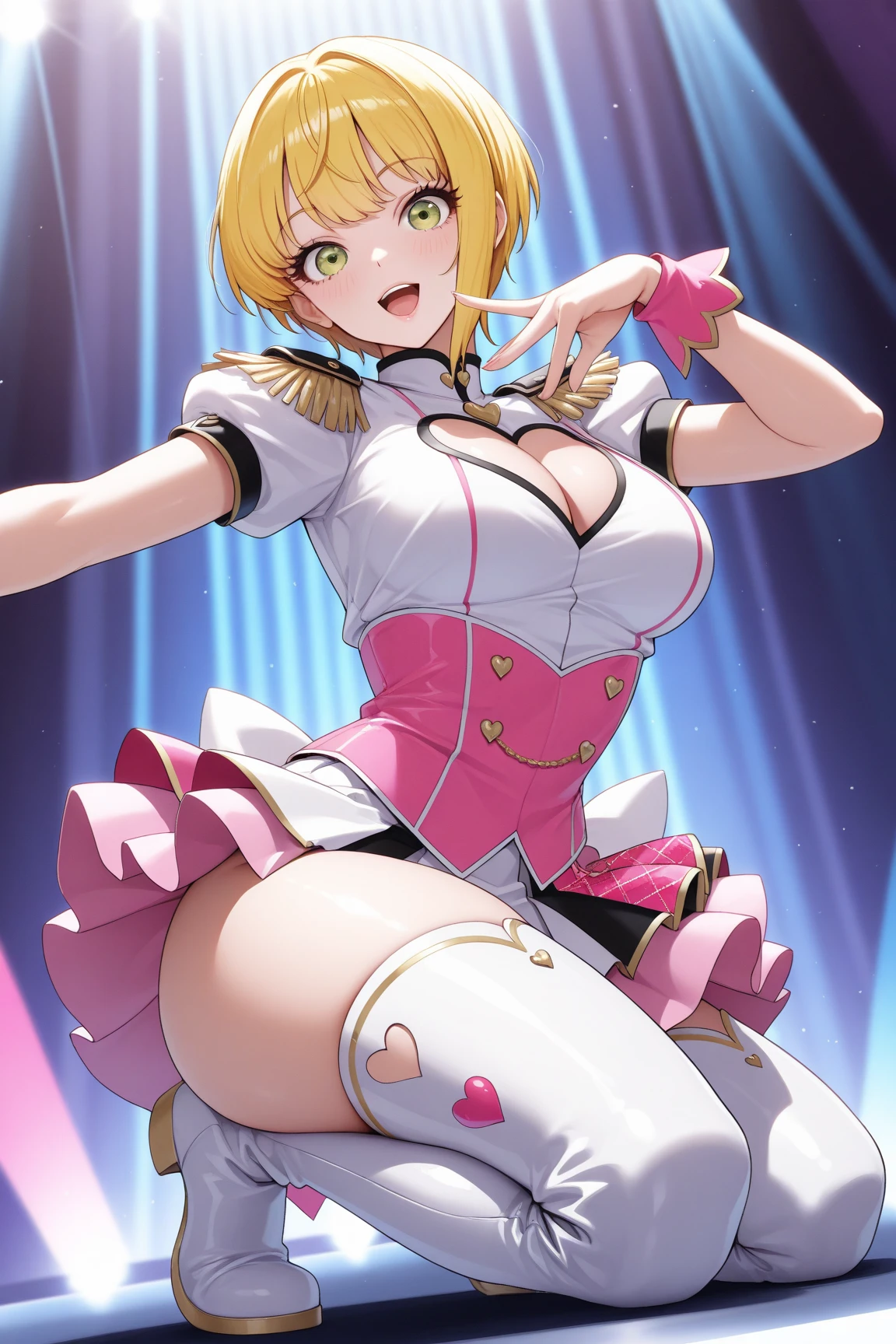 1 young woman, (((extremely cute and beautiful))), (((smile))), (((open mouth))), (((fully exposed neckline))), (((medium breasts))), (((thick thighs))), (((white top))), short hair, (((bob cut))), (((orange hair))), ((full body)), shiny skin, (((jet black eyes))), (((magical girl style))), (((magical girl uniform))), (((gray mini skirt))), (((Long gray gloves))), ((magic rod))), (((hair tiara))), (((sparkling heart pink background))), (((crystal light effect))), (Magic Effect: 0.9)