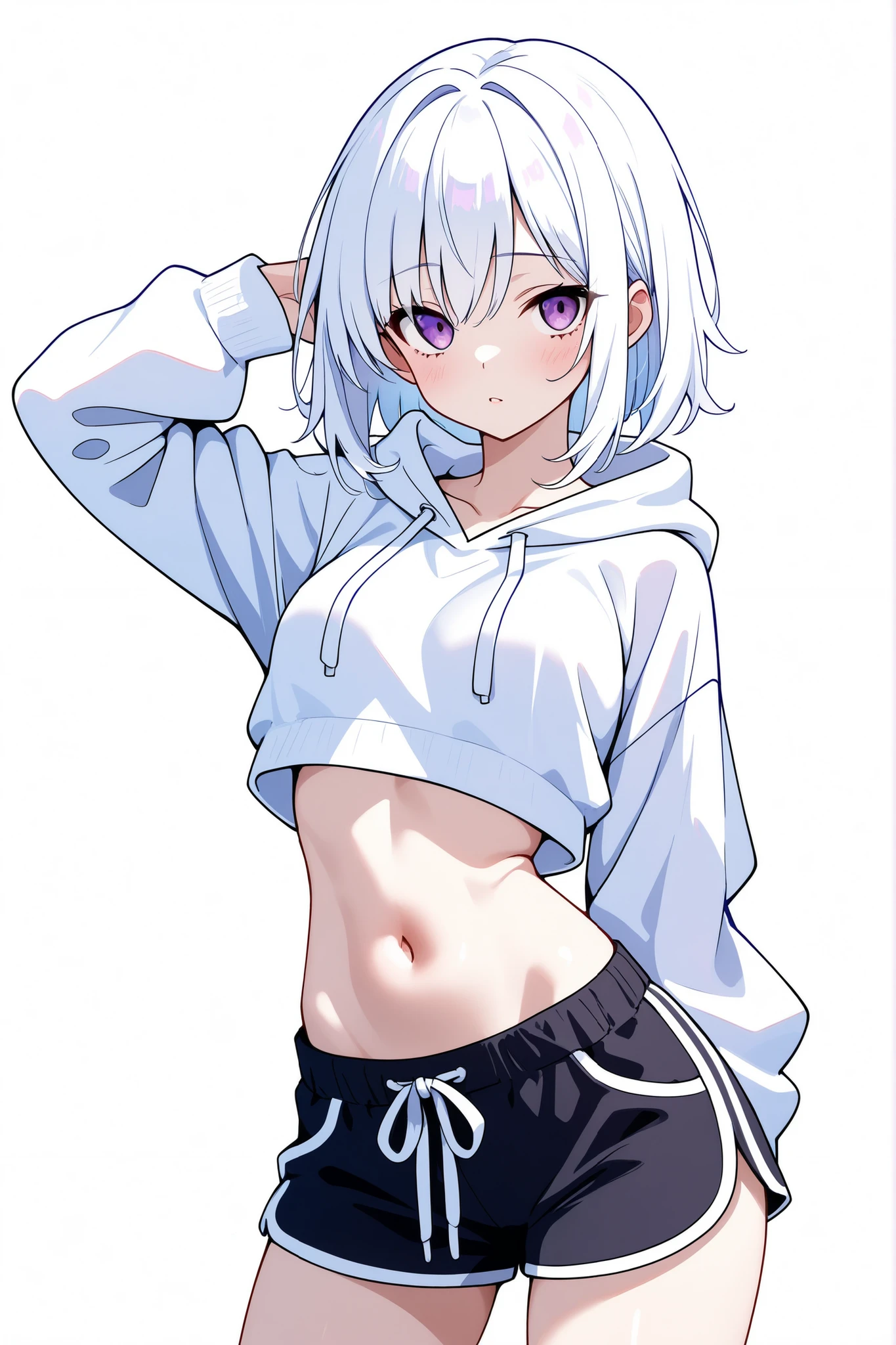 ((masterpiece, best quality)), (1girl), (solo), (female focus), (ahoge, white hair, short hair, glasses), black eyes, ((light blue crop top)), ((pink panties)), standing, white background, arms behind back