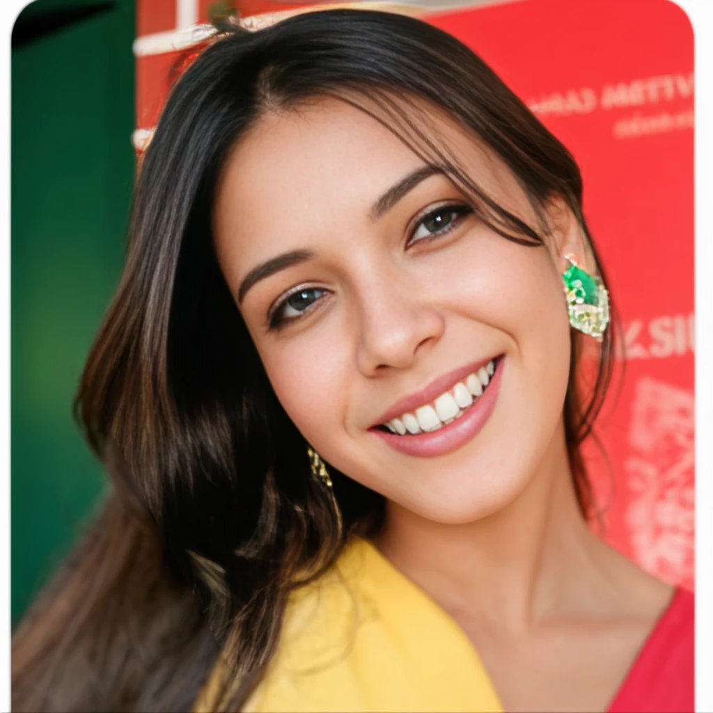 Mujer hermosa con ojos verdes, pomulos marcados y sonrisa coqueta, con un vestido rojo sentada en una mesa