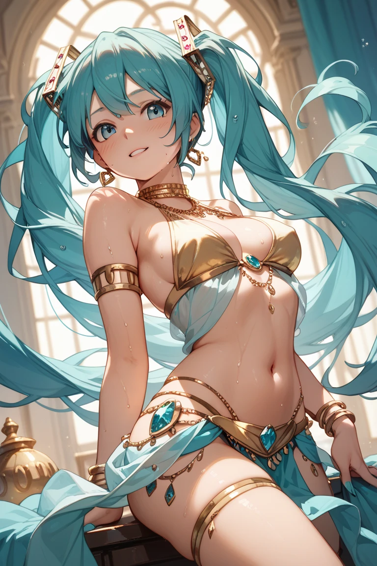 1 chica, diosa azteca, bragas verdes, pelo rubio, fondo de pantalla, ojos azules, penacho de plumas, grandes pechos, gran trasero, tonificada, escenario piramide de mexico, pose mostrandon los gluteos, anime, desnuda, nsfw