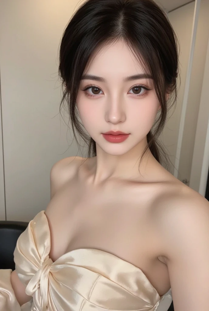 最佳质量,nmasterpiece,UltraHighResolution,(extremely lifelike:1.4),OriginalPhoto,Whitens and delicates skin,simple background,Black eyes,Detail,selfee, 1 cute girl,Sun'rays,seios gigantescos,Bandeau wedding dress,
