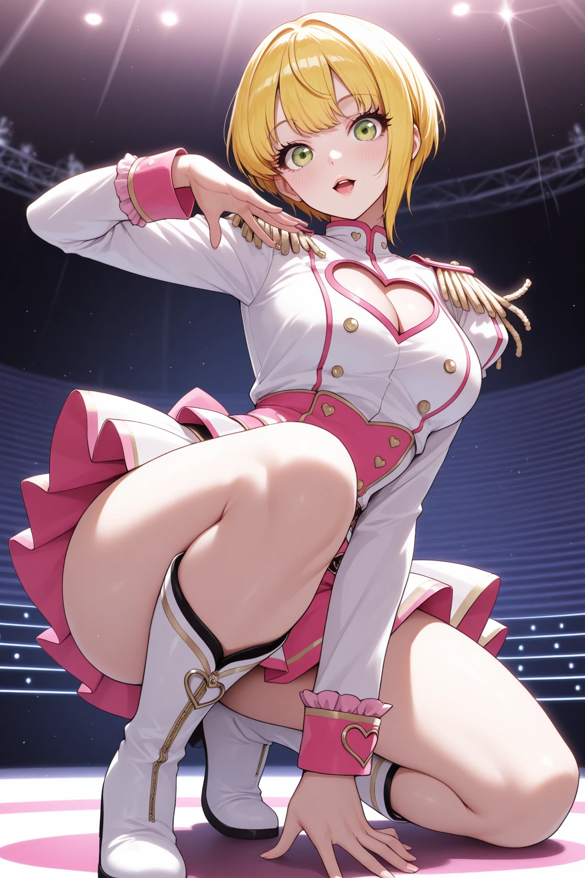 (Masterpiece、Highest quality、Very detailed、4K)、One Woman、Super short skirt、Panties、Idol、((Transcendent))、squat、Leg spread