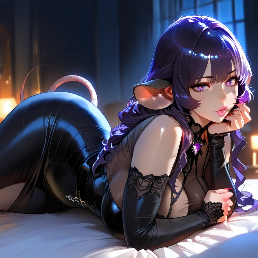 A woman wearing headphones is wrapped up in bed、The large window behind offers a beautiful night view.、big breasts、sexy、dimly lit room、moonlight、exposed、Downlight、full moon、Stylish interior、On your back、red cat eyes