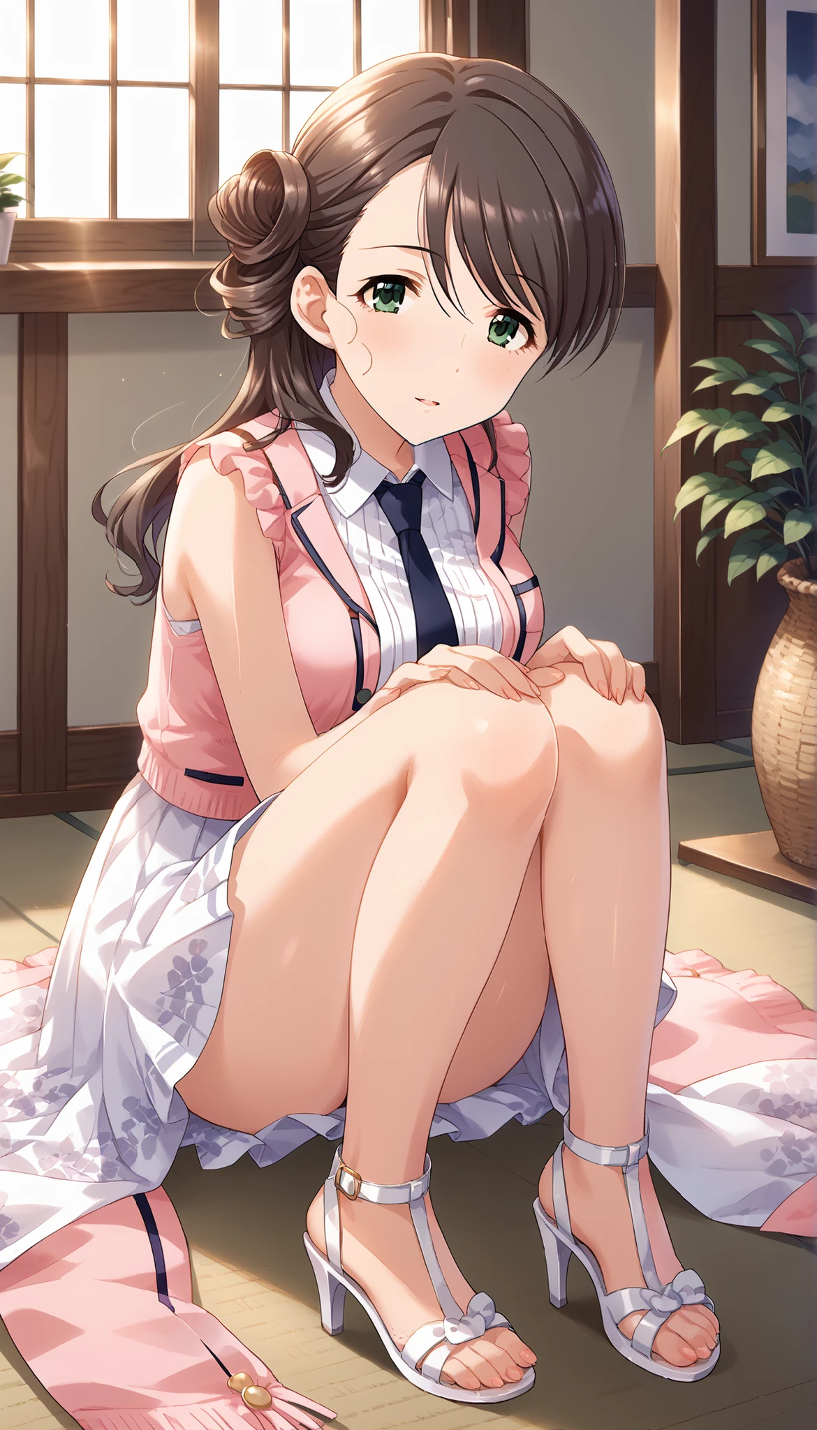 (((Nishikawa Honami ))),Pink Sleeveless Knitwear,white skirt,indoor,((shot from the front)),medium breasts,open chest,thigh,Sitting on the floor holding your knees,床に座る,tie hair,Ulchan-6500-v1.1, ( RAW photos :1.2), Beautiful Detailed, very detailedな目 美しい目,beautiful eyes,GREEN EYES ,file size is large, high resolution, very detailed, top quality, [masterpiece:1.6], Awareness-raising, very detailed, CG, finely, top quality, 8K wallpaper, perfect body shape,very detailed,Bare legs,white high heeled sandals