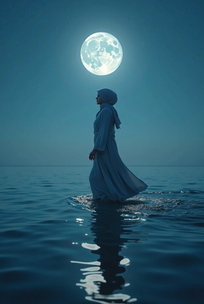 a woman with black hijab, in a sea, with half her body submerged in the water, behind a starry sky with a moon in the center