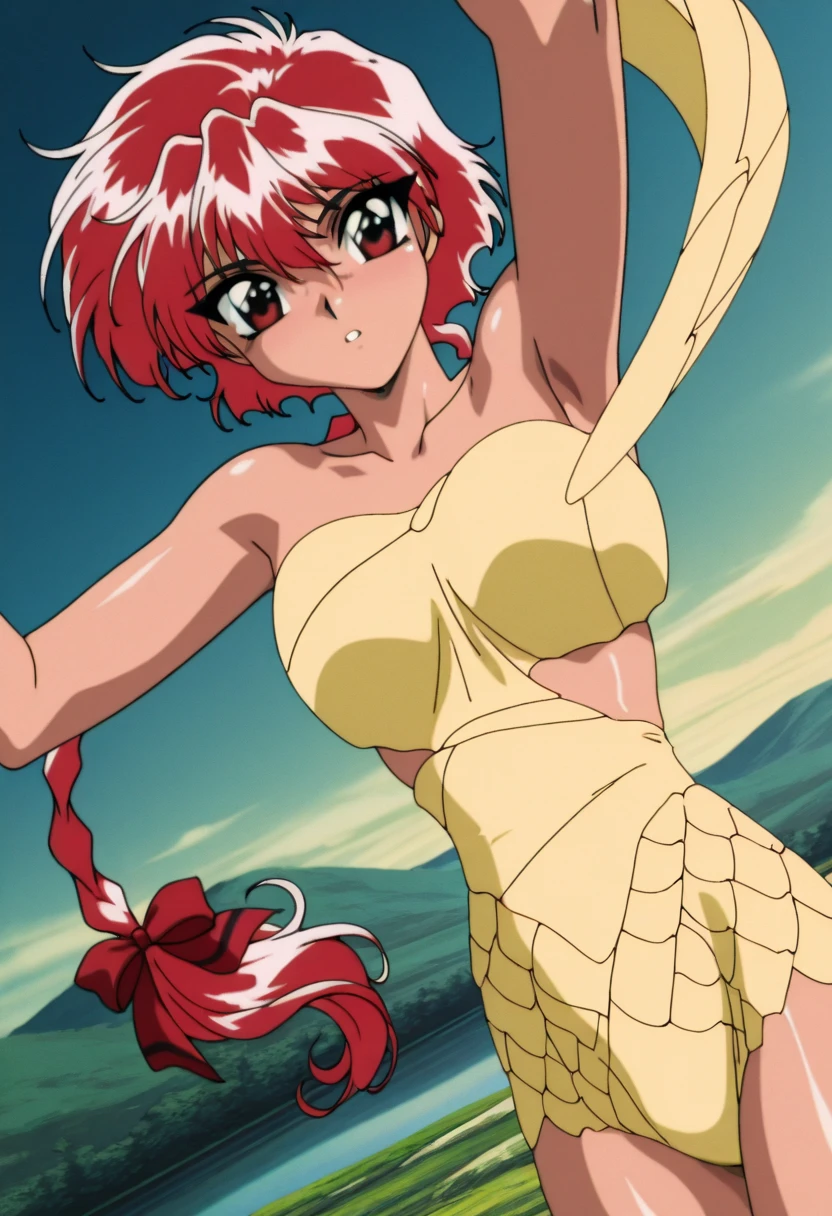 (best quality,highres,masterpiece),solo, Hoshizora rin , orange hair, yellow eyes, (tight white and pink bodysuit:1.3) , looking at viewer,solo , sweaty, dirty, injured, halter neck, bare shoulders , side slit ,(torn clothes:1.3), victory pose, elbow gloves, magical girl