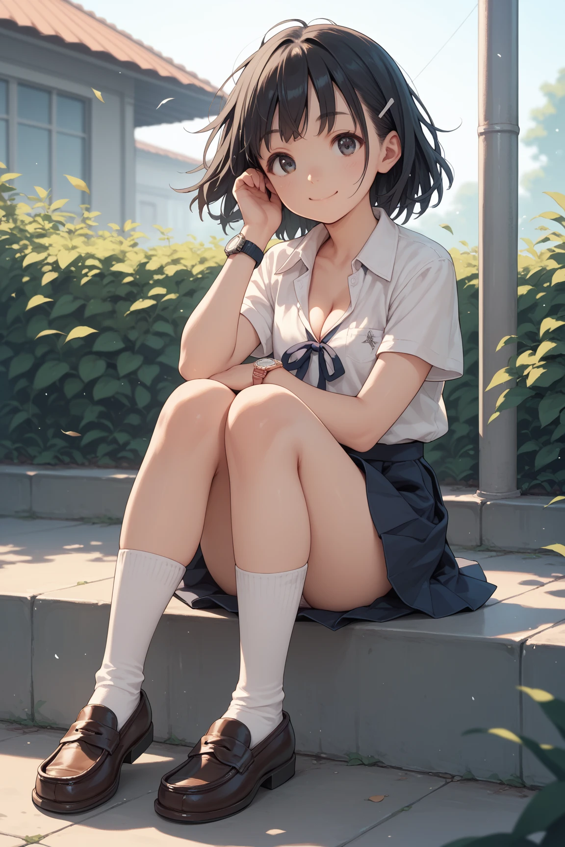 very cute and beautiful girl,(Very detailed美しい顔), (smile),blush,Black Hair,Seraphim,(Pleated navy blue pread your legs),Sitting、(From below),(Lacy white ), Stairs in the park、Distant Tree々and the city, (Highest quality,masterpiece:1.0),Absurd,High resolution,Super detailed,Very detailed,32k,8K resolution, Intricate details,Movie Scenes,Detailed Background,alone,Dynamic Angle,
