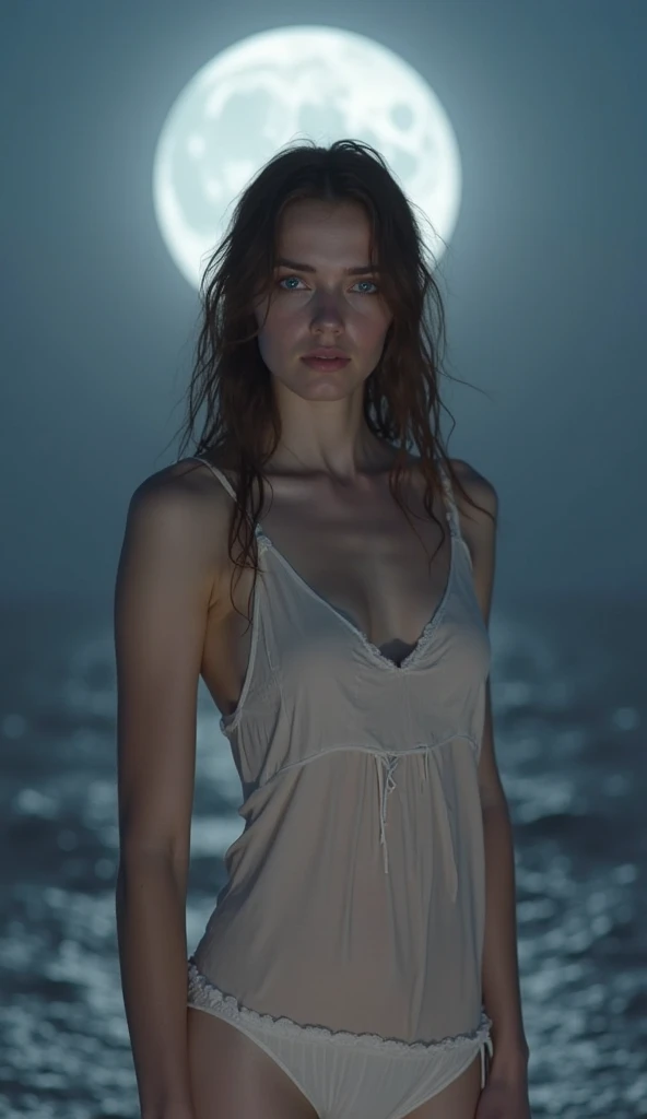 A beautiful 20-year-old Kate Mara, ethereal, ghostly, dressed in sheer near-nude billowing fabrics, a haunting beauty walking just above the ground on a moonlit night, coastal scene, dramatic lighting, volumetric fog, intricate details, cinematic, highly detailed, photorealistic, 8k
