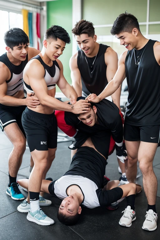 (masterpiece:1.2),(best quality:1.2),gay, male only, (detailed big hard bulge:1.2), (spandex shorts:1.2),black hair, (close haircut:1.2), 5 boys talking,(crying out loud:1.2), anal sex, 20 years old boy, rape , gay , sex , nsfw