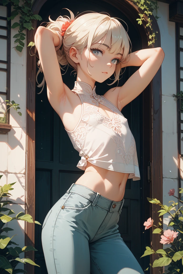 illustration, (pov, looking at viewer, full body), (beautiful Japanese teenage, 17yo), ((solo)), (blonde hair, (extra short hair:1.7), buzz cut, short bangs, messy hair), (Beautiful Face, (jitome:1.8)), (open mouth, expressionless), (tiny, flat chest, (dark skinned:1.2), sweaty skin), ((tank-top), dolphin shorts, ((flip-flops)), barefoot,), (raise one hand, waving at viewer, walking), (a hand has a thumb and four fingers), (outside, rural, village, summer, shiny sun lighting, natural sunlight, windy, light leaks, depth of field, bokeh),
