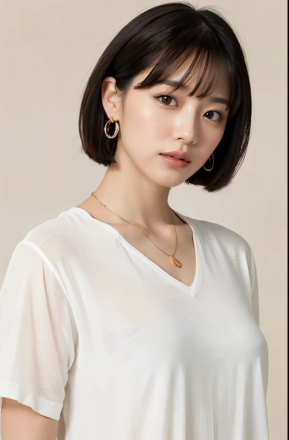 (masterpiece, highest quality, photoRealistic, High resolution, photograph, :1.3), Close-up shot, Sharp focus, (Hot Model), Realistic skin, (Slim figure, Perfect body, Beautiful belly button, Narrow waist, Cleavage), Short Hairstyles, Highly detailed hair, Delicate and sexy face, sexual sight, Glossy Lips, ((Wearing a drawstring front T-shirt, Wearing a pendant)), ((Bright light, Dynamic Lighting, Realistic, super Realistic, realism, Realistic detail))、Gray background