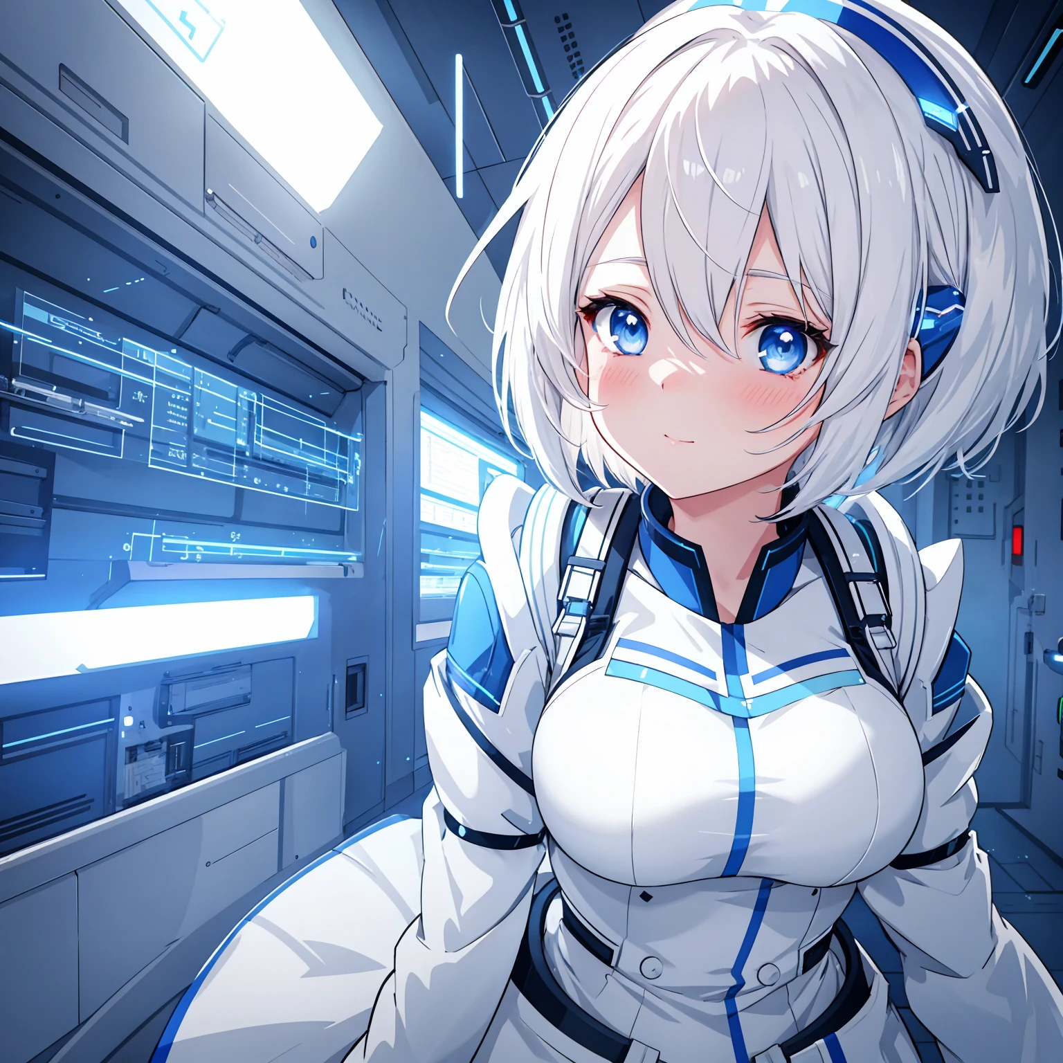(sfw), intricate details, (bright neon colors), detailed background, daylight, indoors, 1girl, (petite, (expressionless cute face, bright glowing blue eyes), (human torso, petite perky breasts, yukata, robotic arms, robotic legs), (white hair, bob cut)), dynamic angle