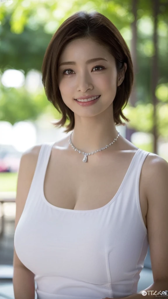 ((Best quality, 8k, Masterpiece :1.3)), Sharp focus :1.2, perfect figure beautiful woman:1.4, Slim abs:1.2, ((Layered Hair Style, large tit:1.2)), (Tank top shirt:1.1 , good ground , bra strap), (parks:1.2), Highly detailed facial and skin texture, A detailed eye, double eyelid, necklace, fullbody