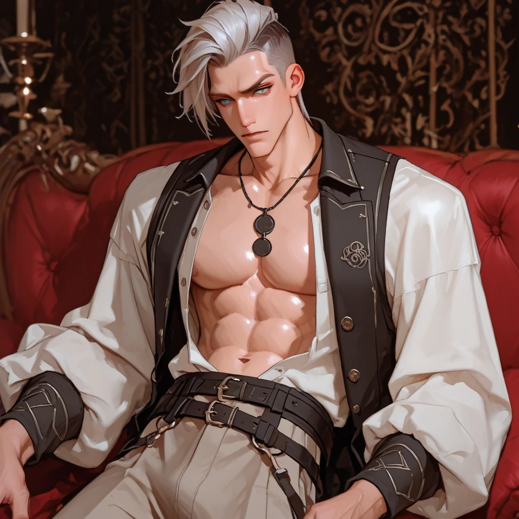 handsome muscular man with straight white hair and blue eyes, and a beautiful young man 18 years old perfect build, round soft buttocks, he has elf ears, bare torso, tight clothes, masculine, defined eyes, naked, bare torso, bare chest, pecs, defined details, 4k, maximum resolution, full hd, high quality