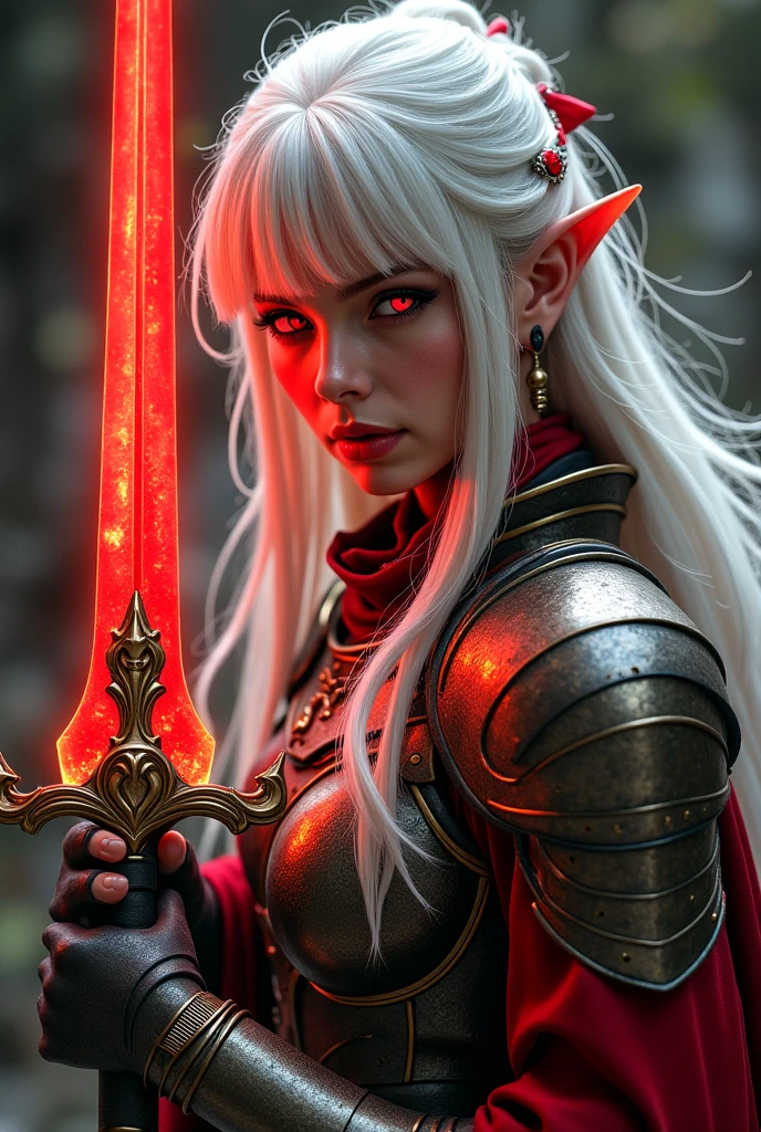 A dark elf villainess warrior clad in shining armor stands with her ...